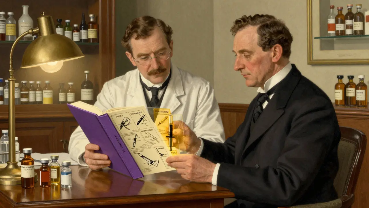 Doctor and pharmacist review the Purple Book at a desk, with product icons and labels glowing softly in warm light.