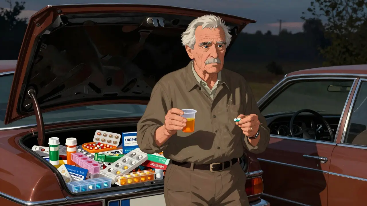 Elderly man checking pill cup next to open trunk.