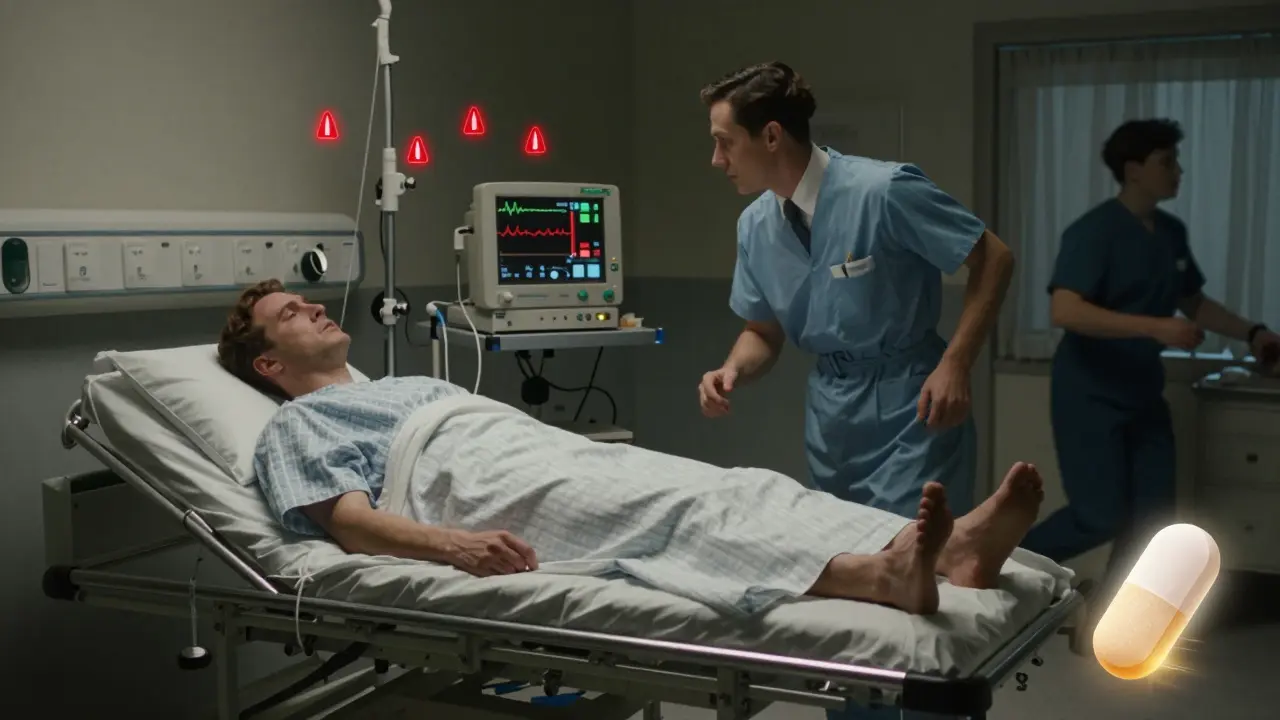 Emergency scene with patient showing lactic acidosis symptoms, metformin pill glowing softly in corner.