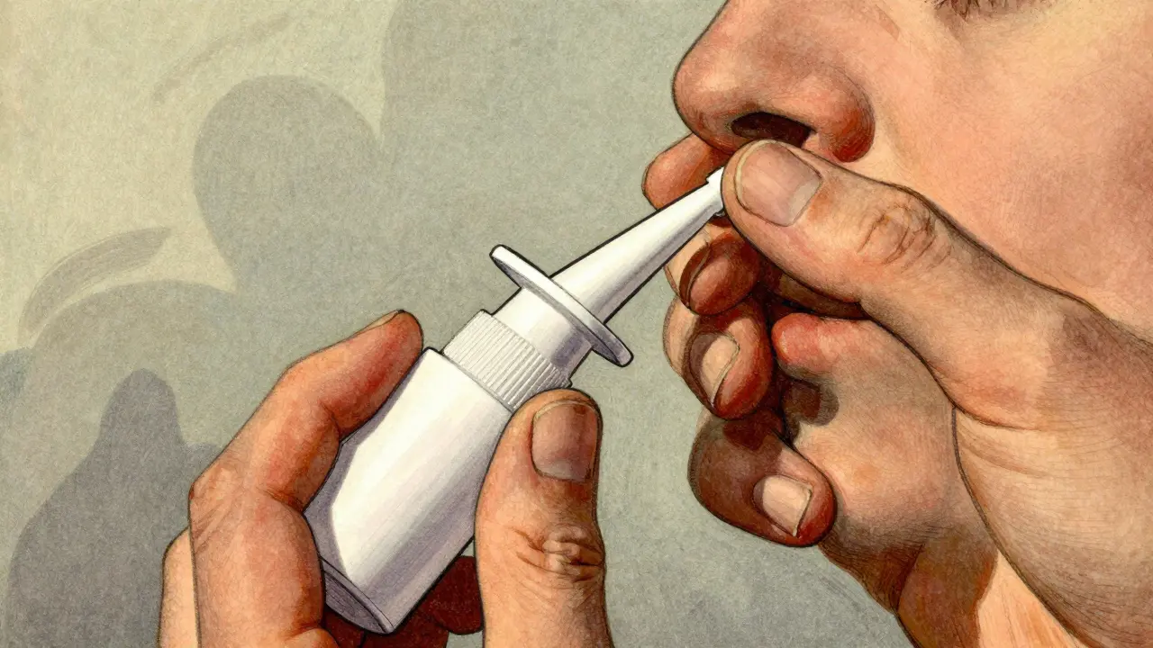 Hands carefully administering a nasal spray device into an unconscious person's nostril.