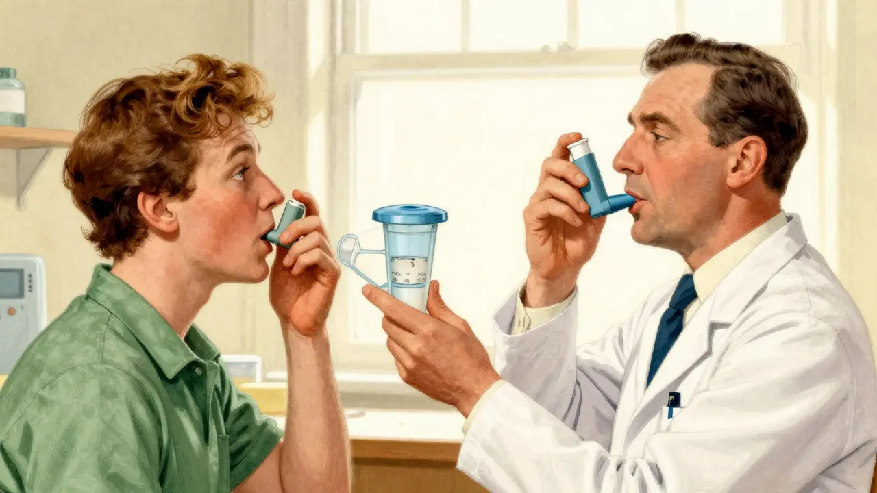 Healthcare worker teaching inhaler technique