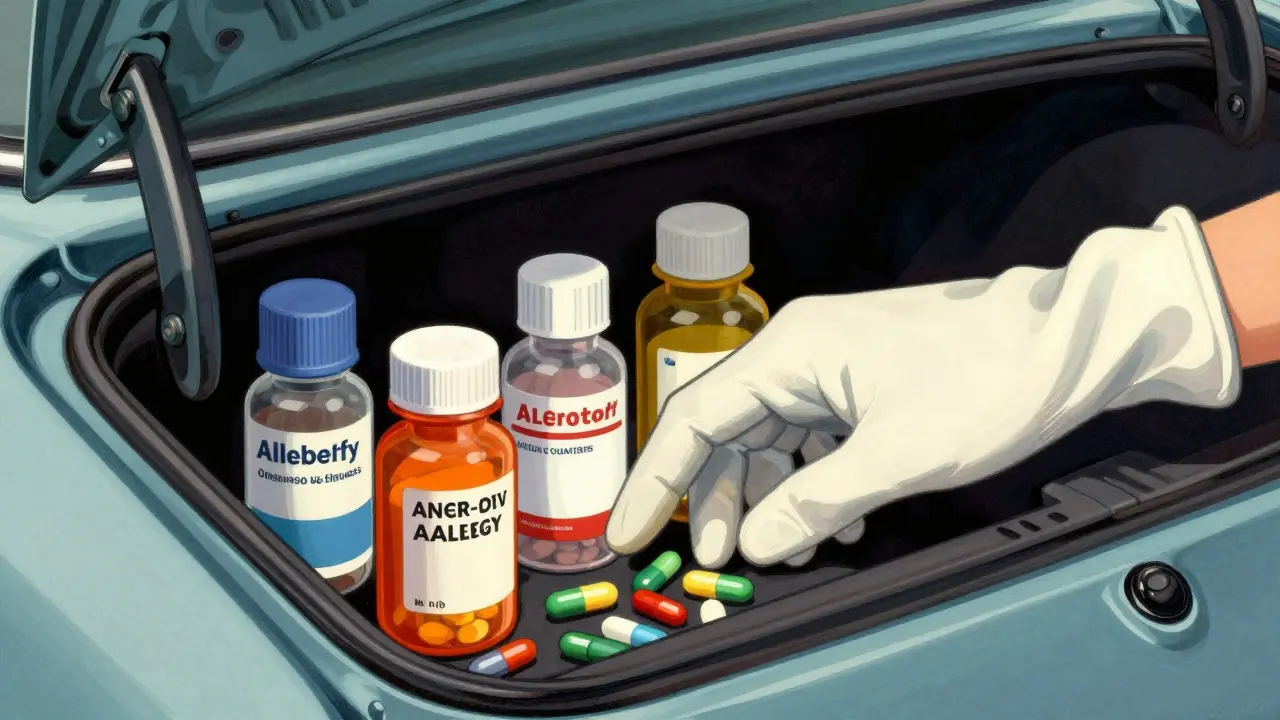 Open car glove box containing various medicine bottles.