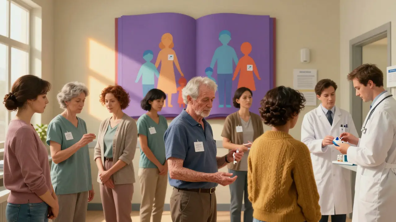 Patients receive biosimilars in a clinic as a mural of the Purple Book displays color-coded interchangeable products behind them.