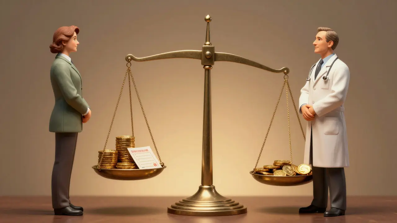 A balance scale weighing a financial bonus against the trust between a doctor and patient.