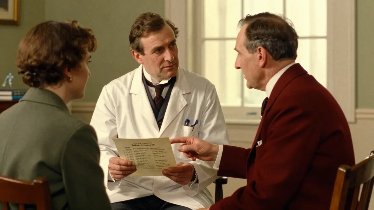 A doctor discussing alternative medication options with a patient in a professional office.