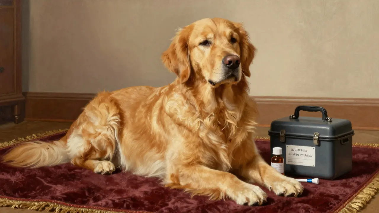 A peaceful Golden Retriever sitting on a rug next to veterinary supplies.