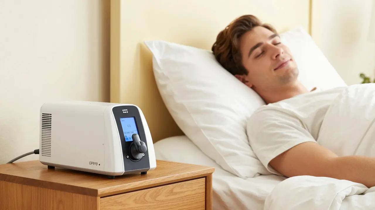 A refreshed person waking up after using a CPAP machine for sleep apnea treatment