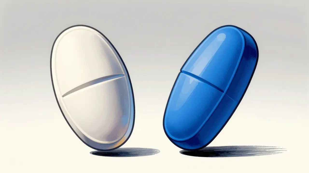 A white pill and a blue pill side by side to show visual differences in medicine.