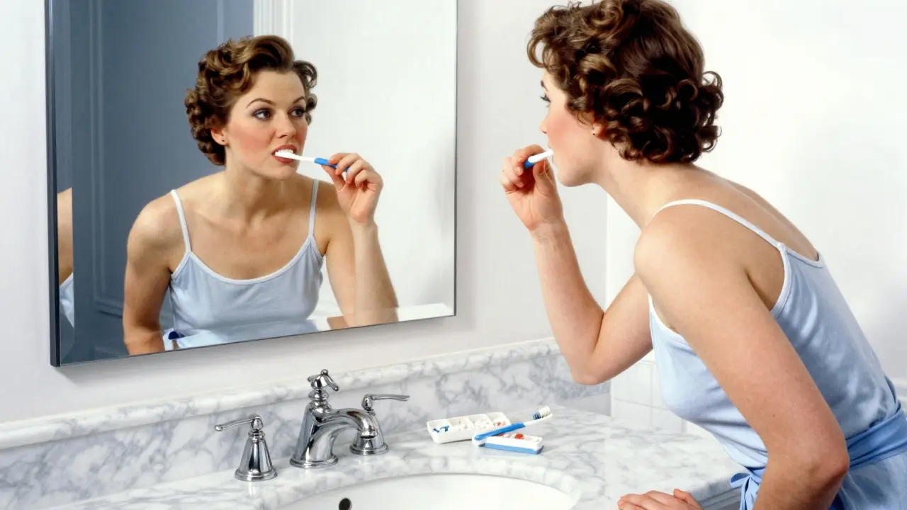 A woman brushing her teeth with a pill organizer visible on the bathroom sink.