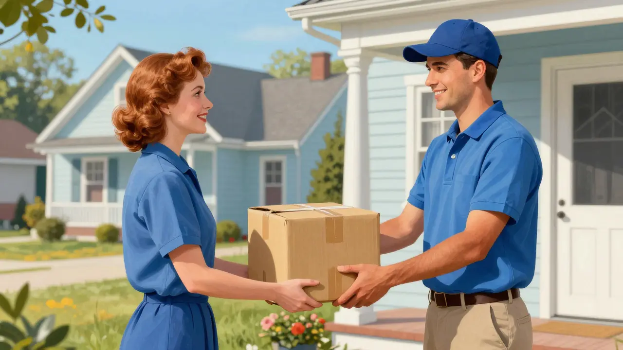 A woman receiving a pharmacy delivery package at her home door.