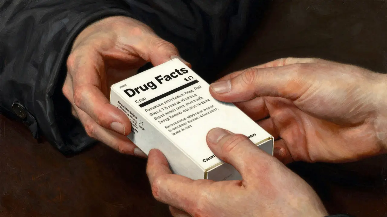 Close-up of hands holding a medicine box to read the label