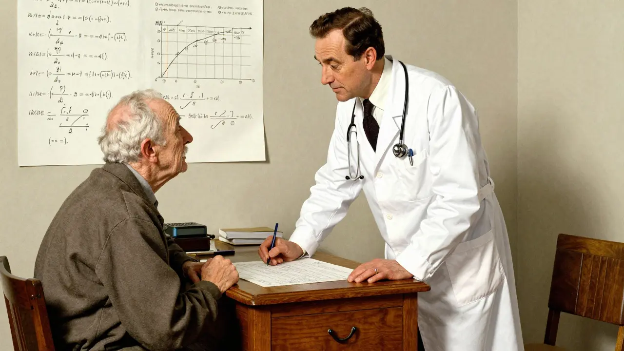 Doctor and senior patient reviewing medical equations on a desk.