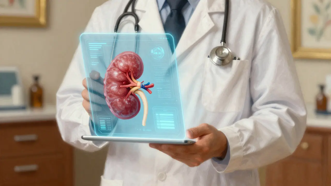 Doctor using a digital tablet for advanced kidney function analysis.
