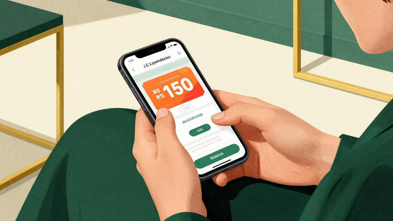 Hands holding a smartphone with a digital discount coupon for medication.