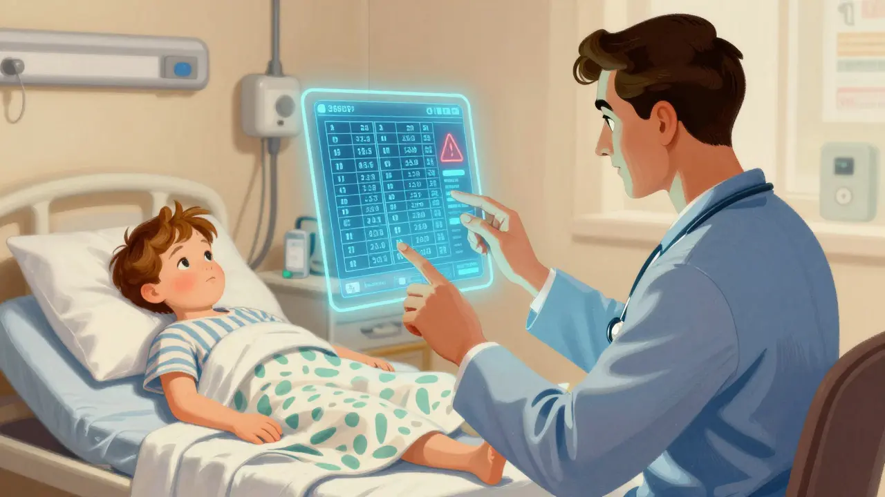 Healthcare professional reviewing a dosage alert on a digital screen