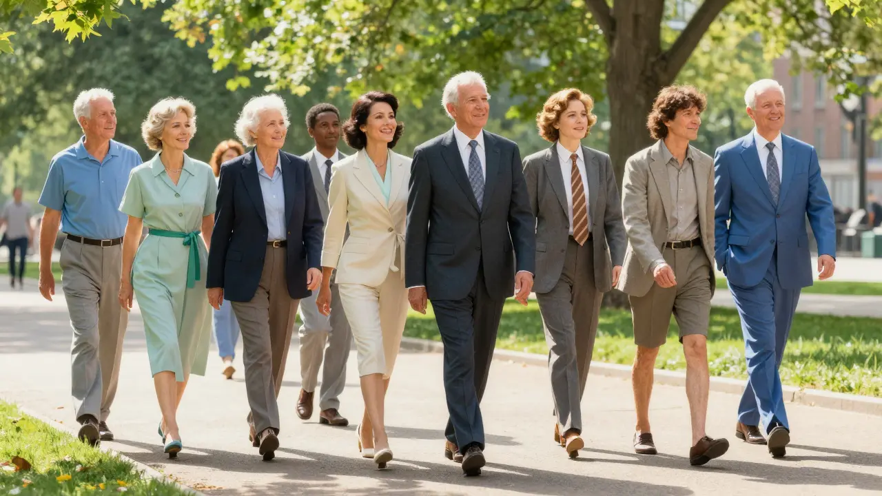 Healthy people walking in a park, representing the benefit of affordable medicine.
