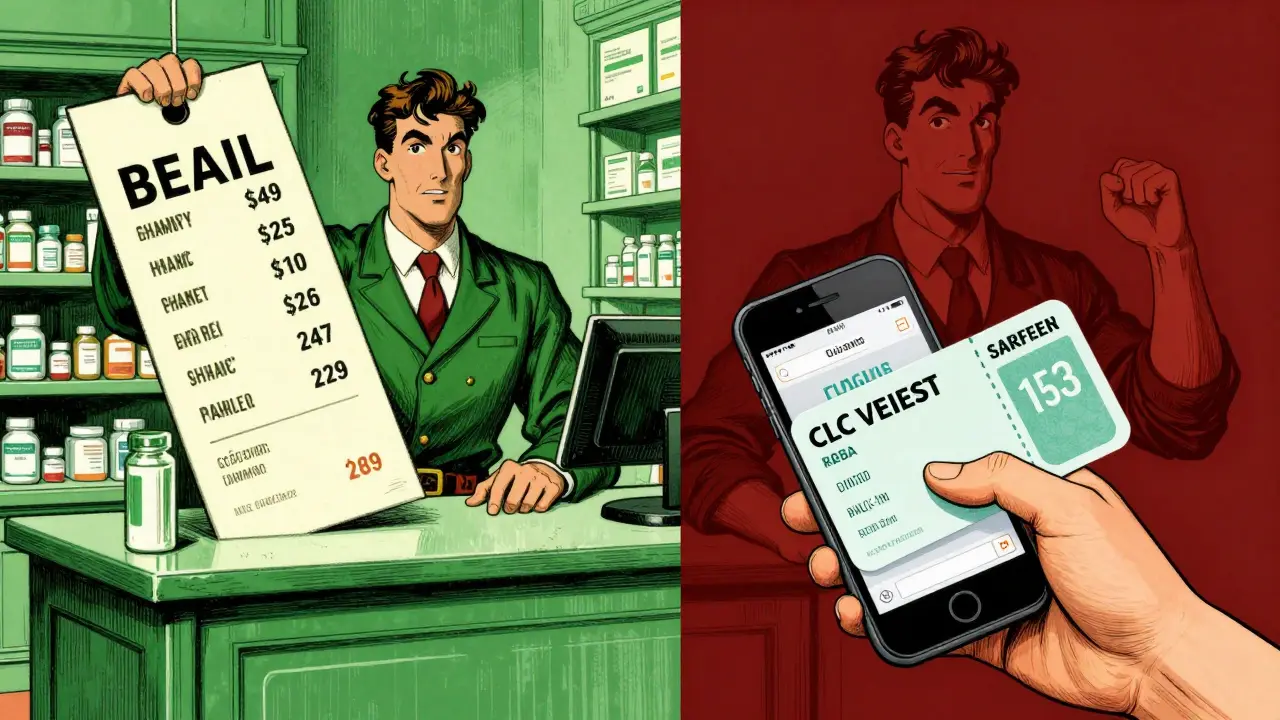 Illustration comparing high retail pharmacy prices with digital coupon savings.