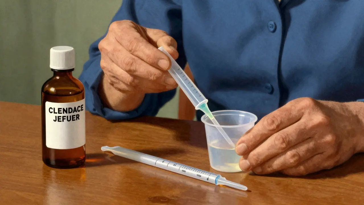 Person using a medical dosing cup to measure liquid medicine