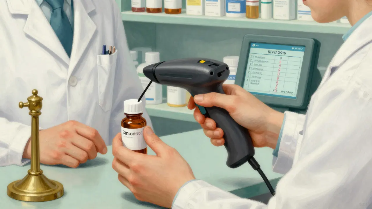 Pharmacist scanning a medication barcode for a final pediatric weight check