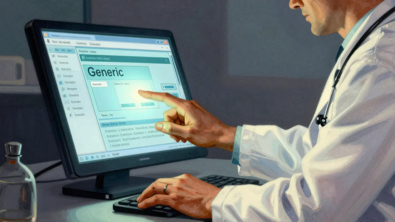 Physician selecting a generic medication option on a digital health record screen.