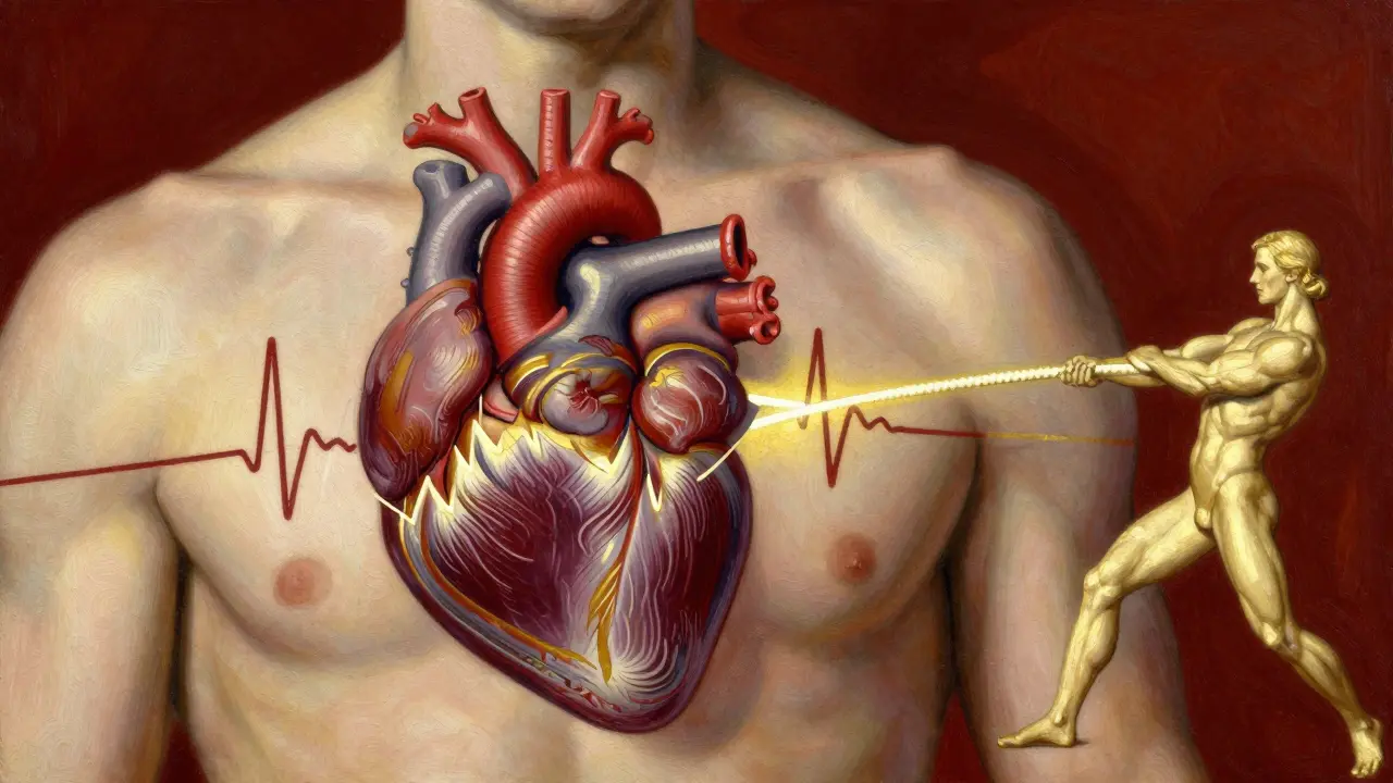 Stylized depiction of a heart struggling with arrhythmias and nervous system conflict