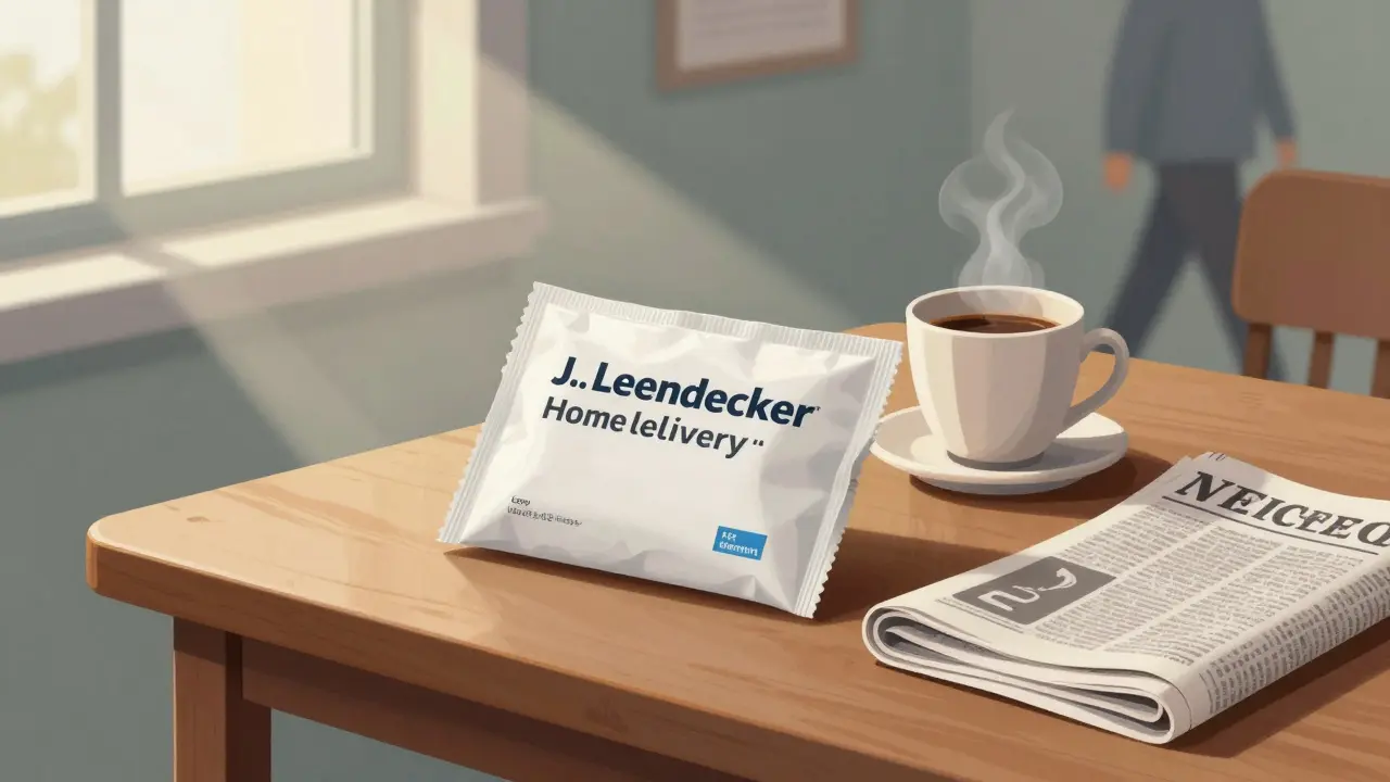 A prescription package on a table with coffee in a bright, quiet room