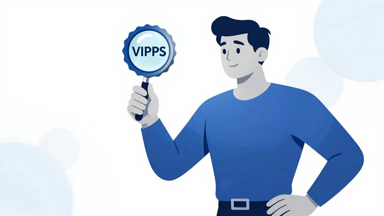 A stylized figure inspecting a digital safety seal with a magnifying glass