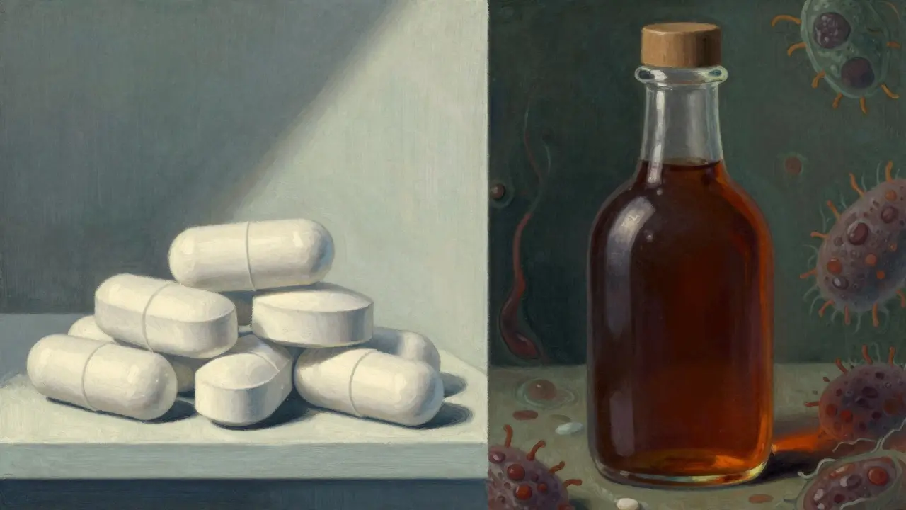 Contrast between stable pills and risky liquid medicine