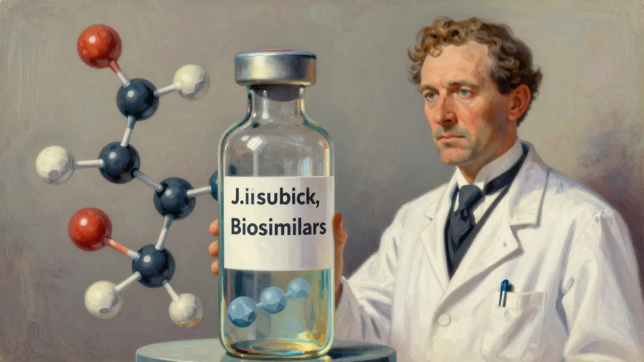 Doctor examining a biologic drug vial with abstract molecular structures floating nearby.