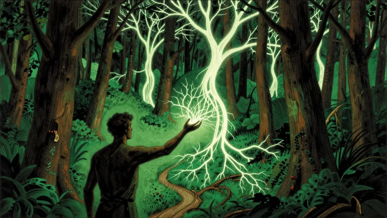 Glowing neural pathways weaving through dark forest trees