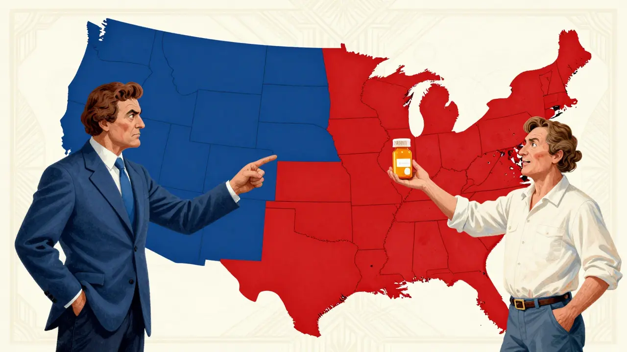 Illustrated map of the US showing different regions for mandatory and permissive drug substitution laws.