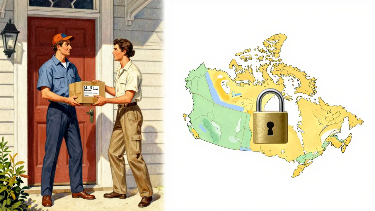 Illustration comparing US home delivery and safe Canadian pharmacy options
