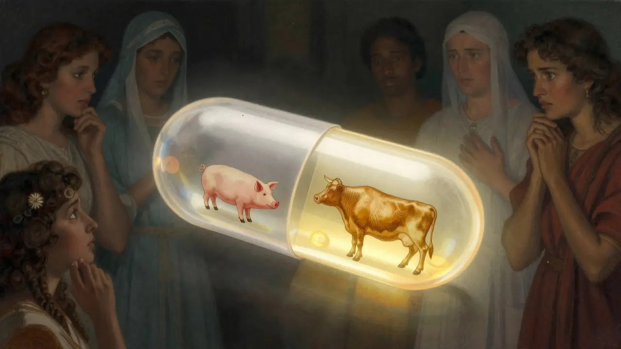 Illustration of a capsule revealing animal-derived ingredients inside.