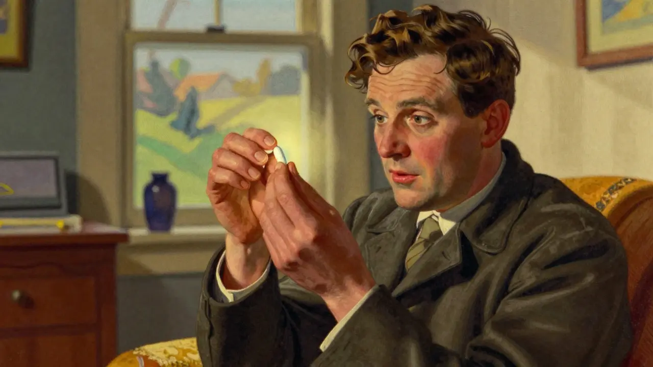 Patient inspecting a pill closely in a warm home setting