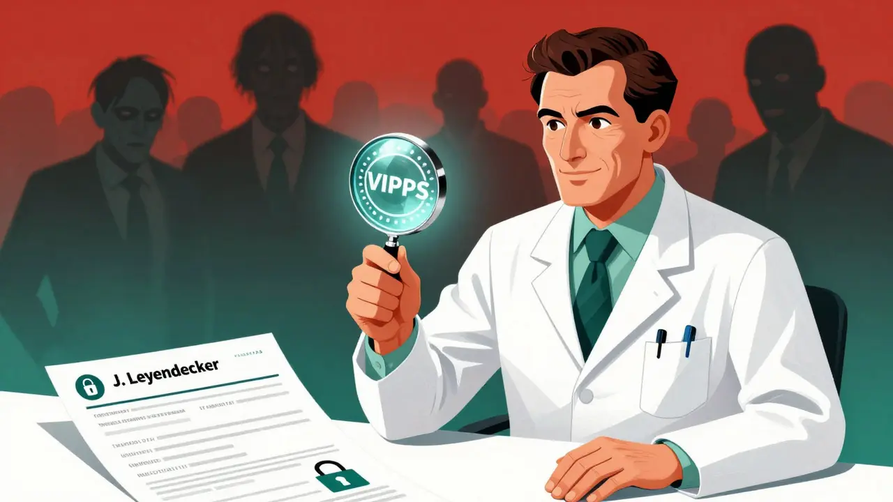 Pharmacist checking safe pharmacy seal while scams hide behind