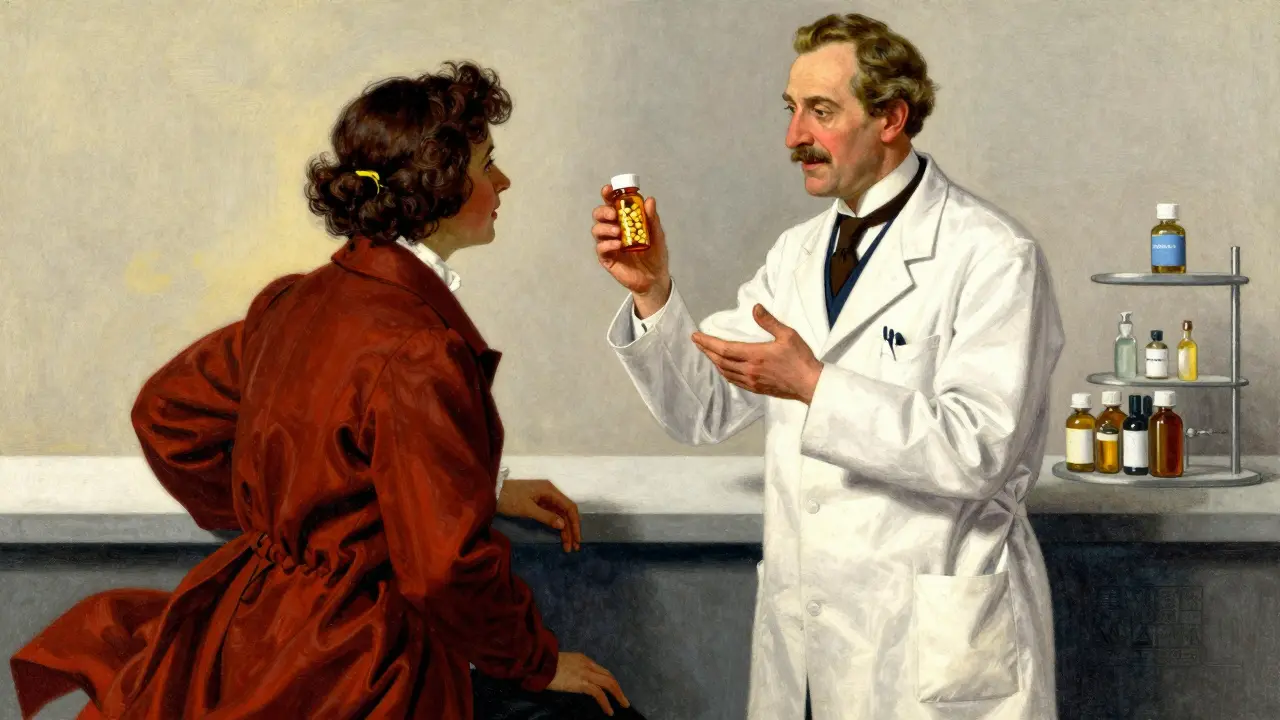 Pharmacist explaining medication details to a patient with trust.