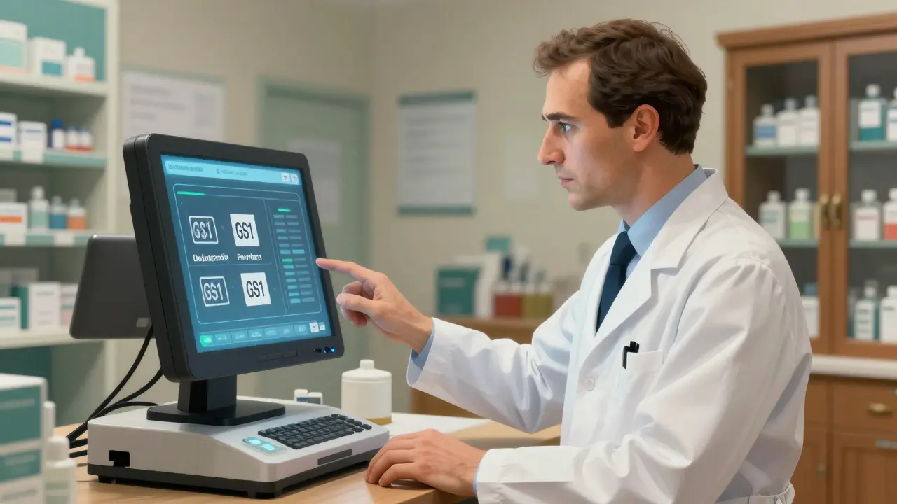 Pharmacist verifying digital prescription codes in modern pharmacy