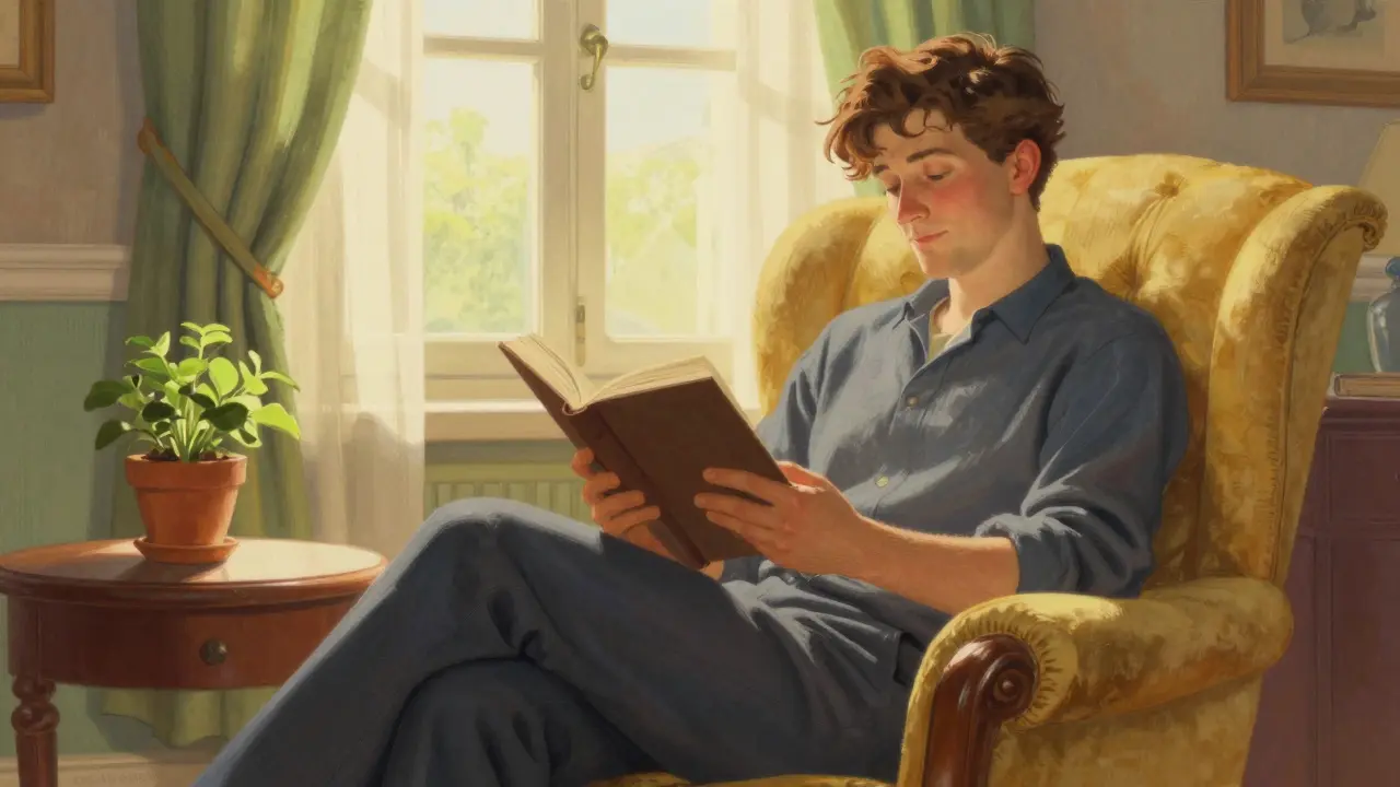 Serene person relaxing in a sunlit room symbolizing mental relief