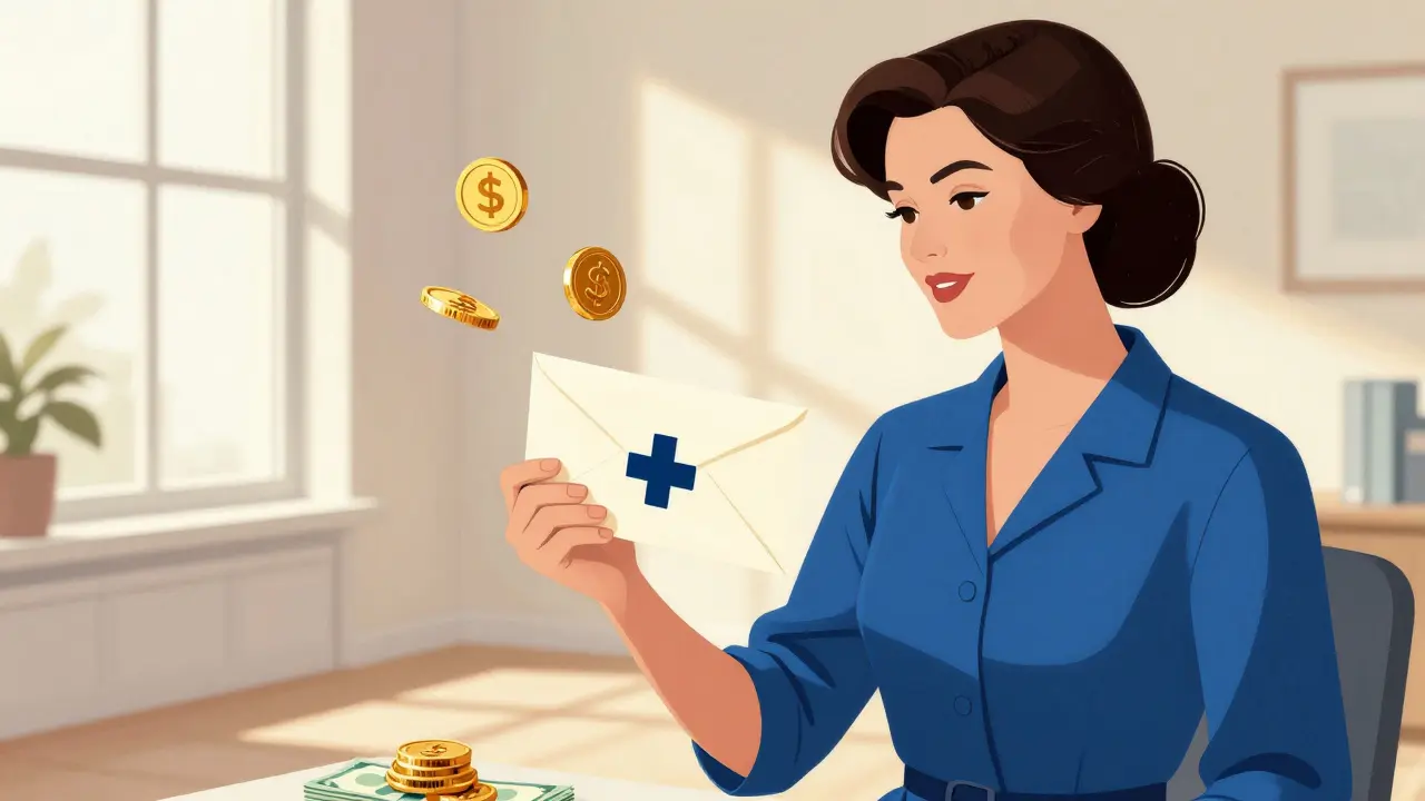 Woman holding medication package with coins showing cost savings