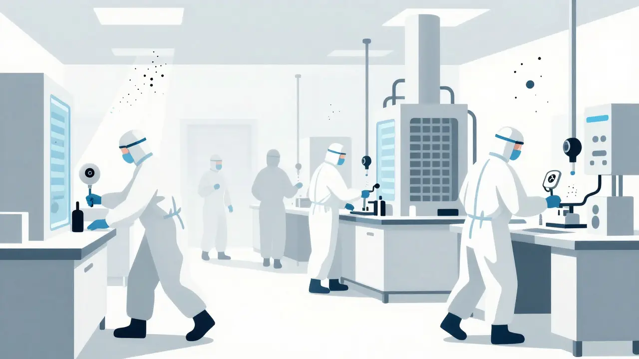 Workers in protective gear inside a sterile drug factory