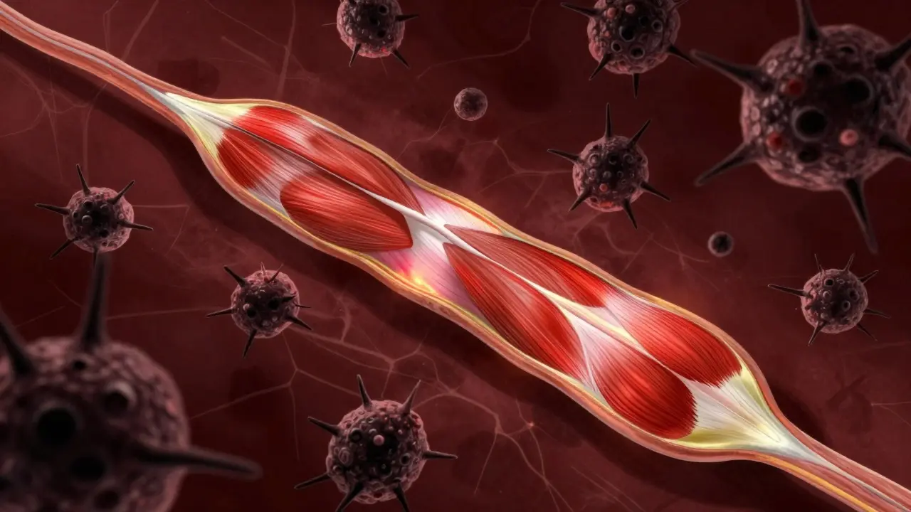 Abstract immune cells attacking muscle fibers, showing autoimmune risk