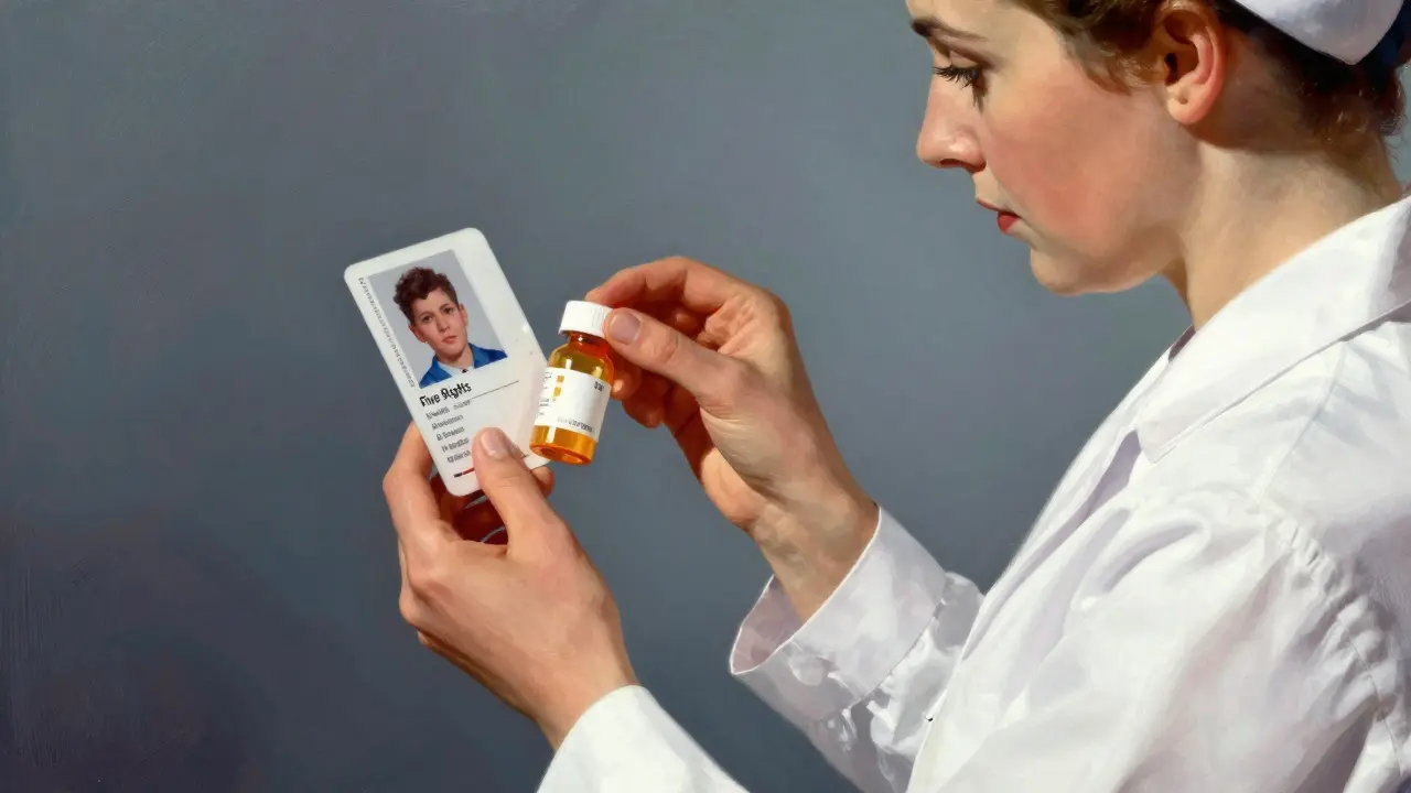 Close-up of nurse verifying medication label and student ID