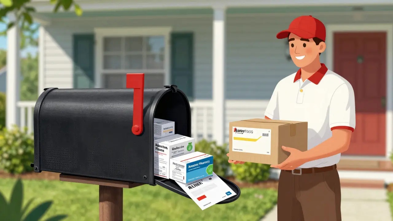 Mailbox full of medication packages on sunny suburban porch