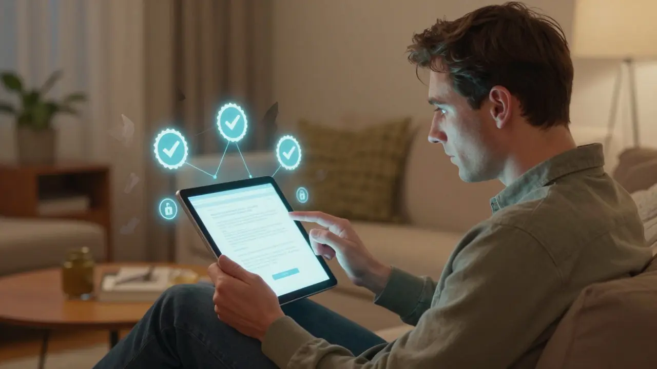 Person checking verified pharmacy seals on tablet screen, illustrated