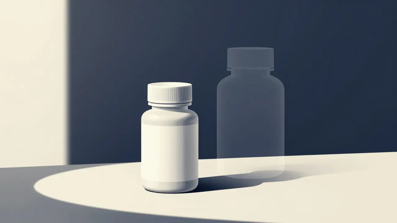Simple pill bottle vs fading shadow of expensive bottle, Leyendecker style