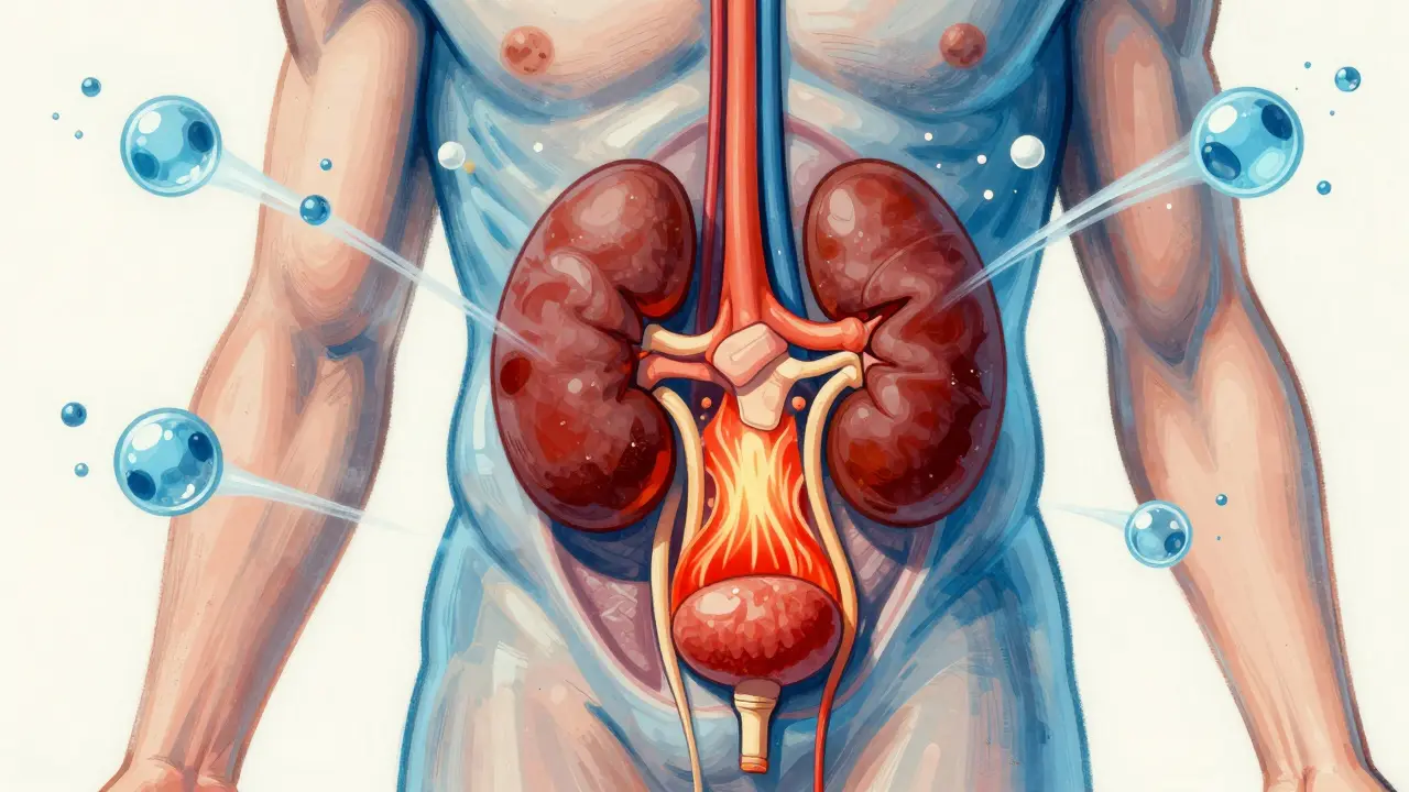 Stylized illustration of bladder overactivity from diuretics