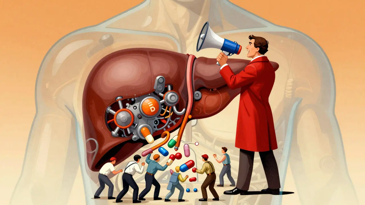 Stylized liver engine with enzymes breaking down drugs rapidly