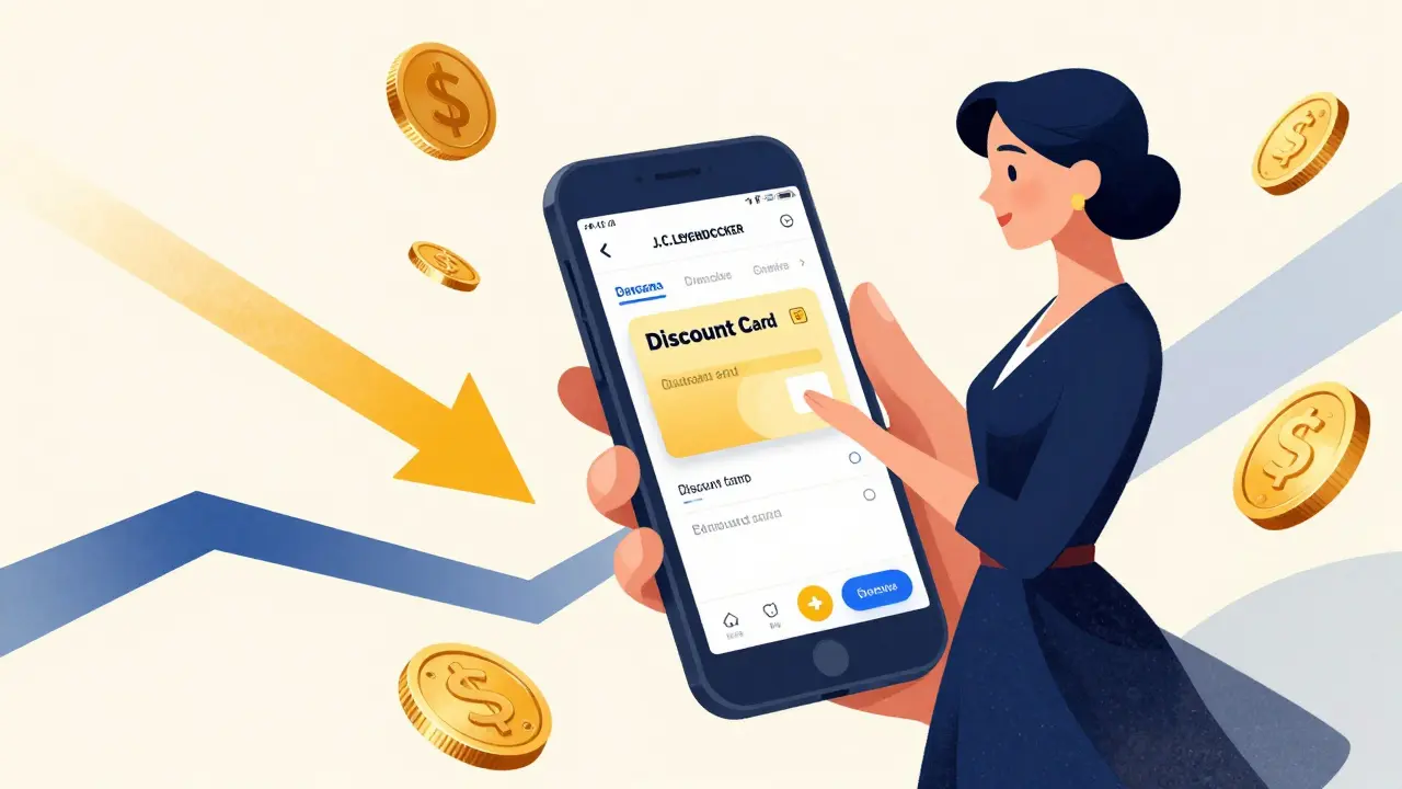 Woman using smartphone for prescription discounts with saving symbols