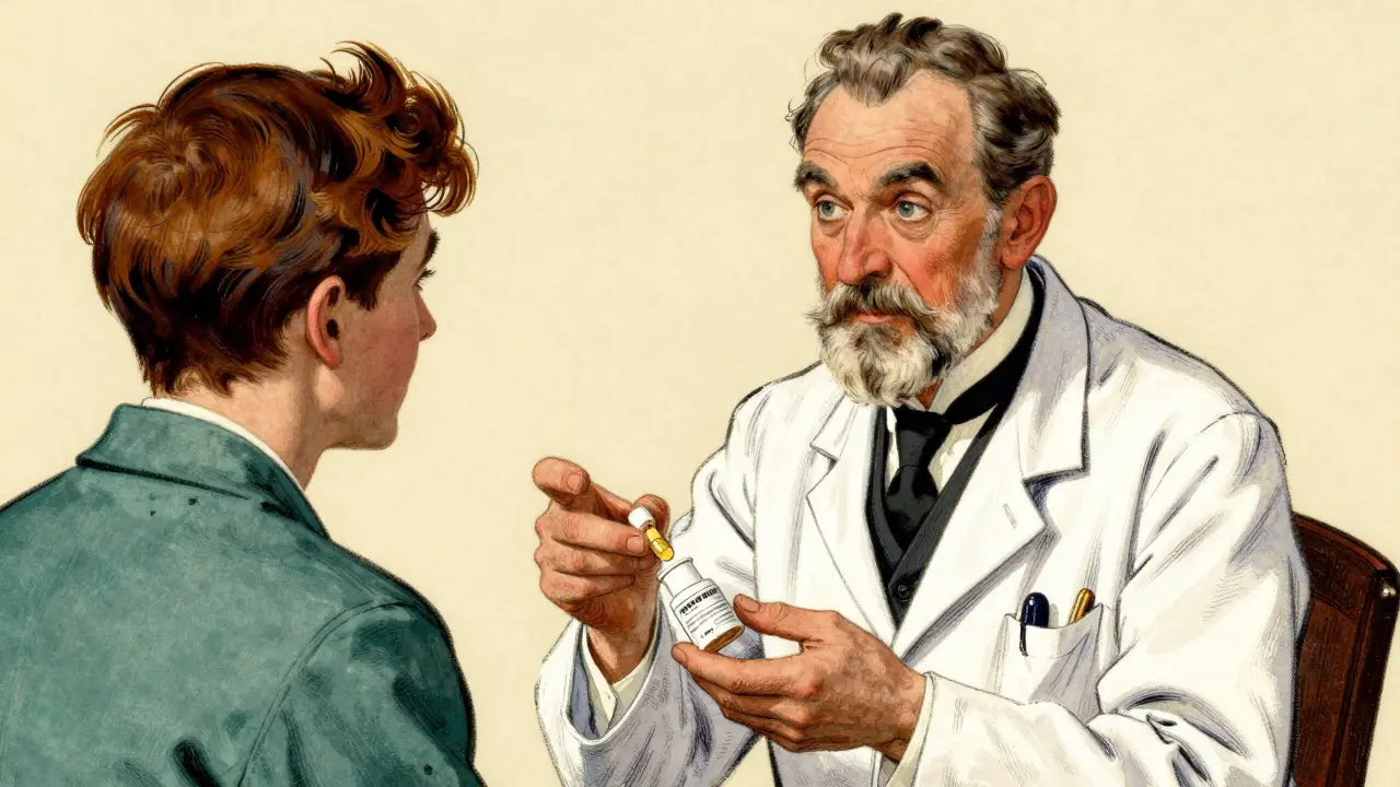 A doctor and patient discuss medication options in a warm, trustworthy setting, depicted with J.C. Leyendecker's characteristic bold lines and vibrant colors.