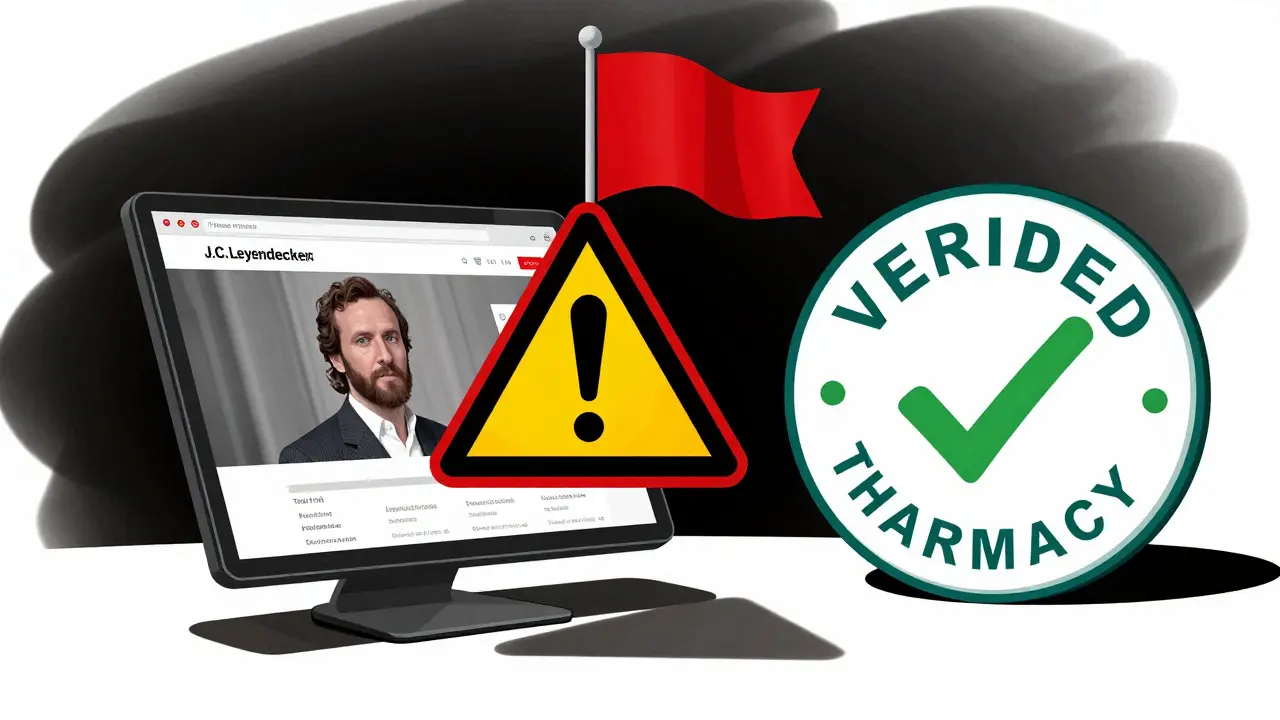 A dramatic illustration contrasting unsafe websites with verified pharmacies, using J.C. Leyendecker's bold graphics and lighting to highlight online safety warnings.